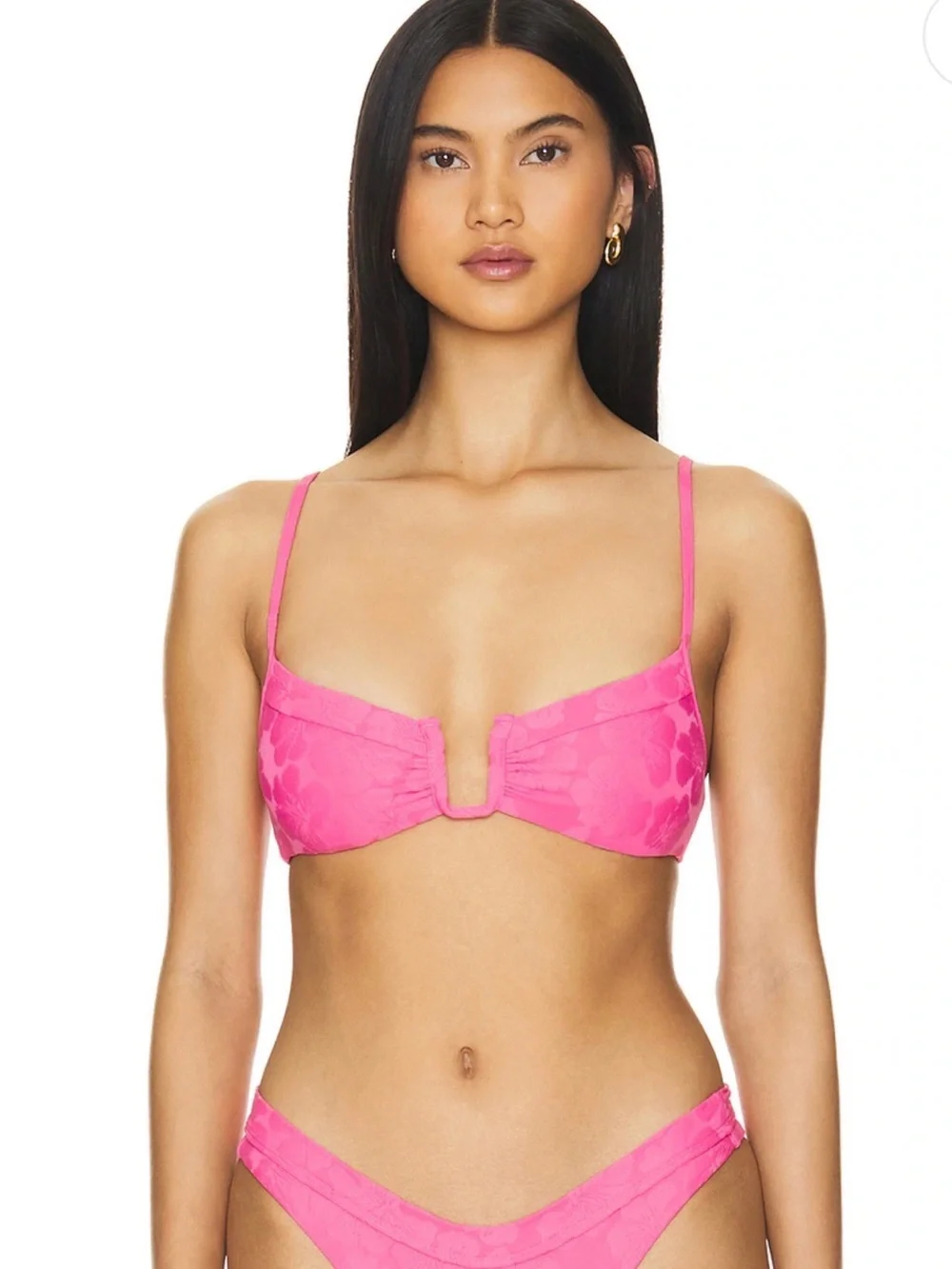 L*Space Peyton Bikini Top Hot Pink Floral Textured Ring Bralette Swim NWT